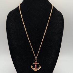 Gold Toned Anchor Red And White Striped Pendant Necklace